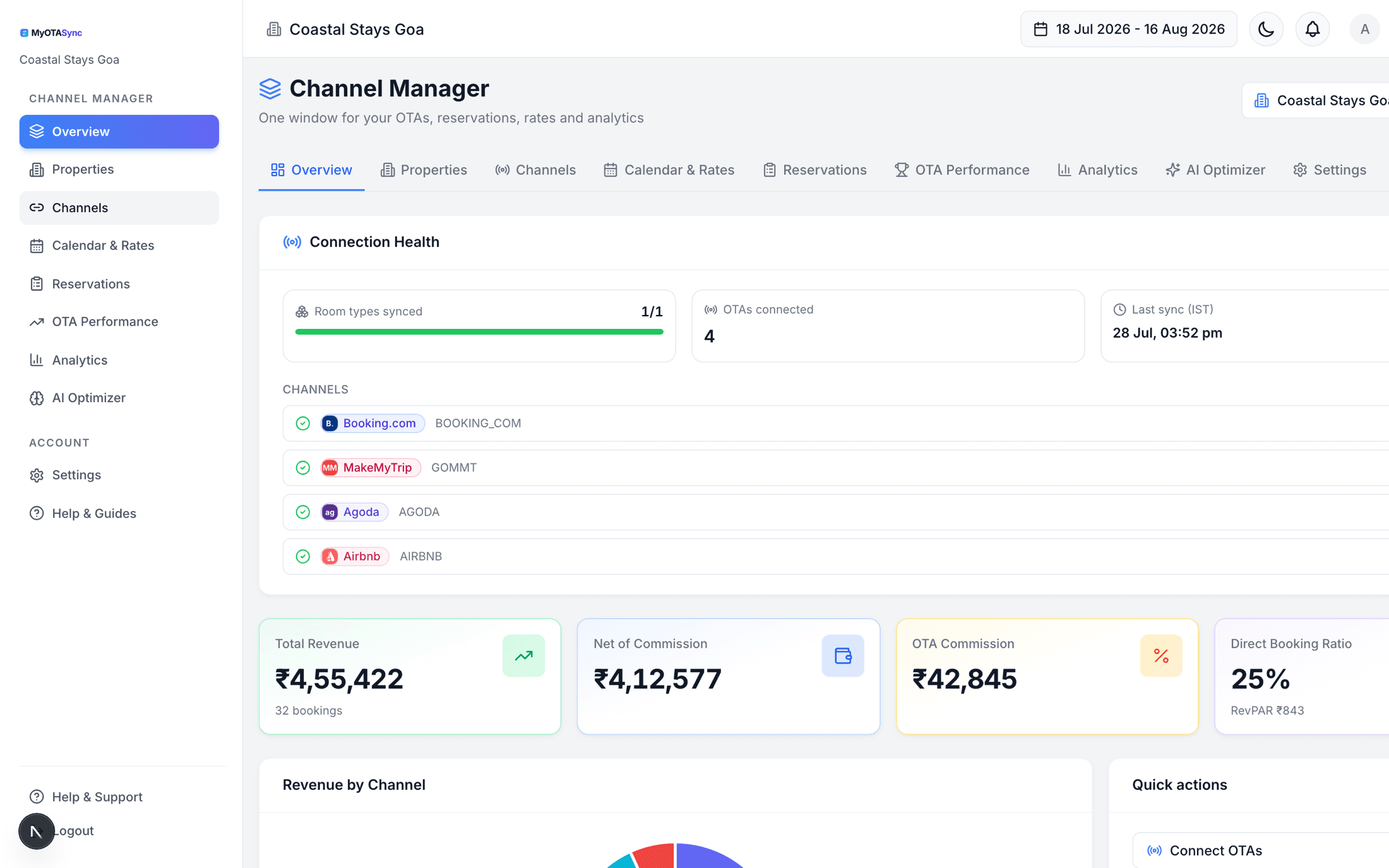 MyOTASync channels screen — connected OTAs with mapping status and the marketplace of channels available to connect